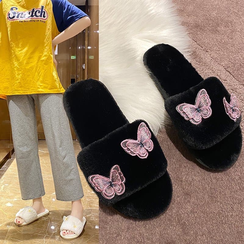 Cross-border independent station large size furry slippers for women's outer wear new autumn and winter women's shoes bow flat bottom flip-flops for women