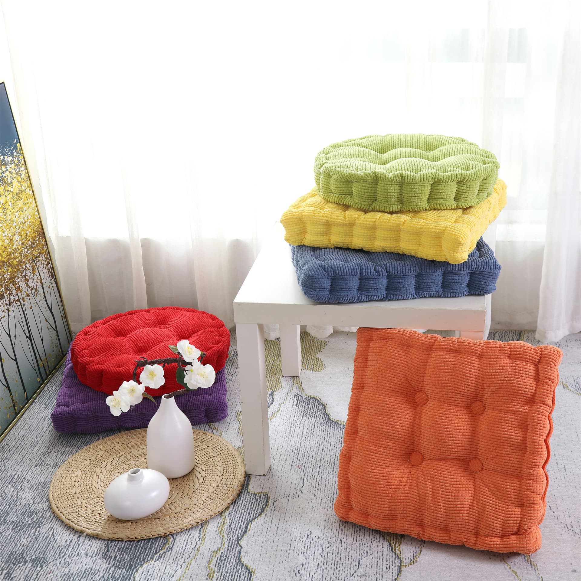 Factory solid color corduroy corn kernel pattern seat cushions wholesale, multi-color Japanese style square and round chair pads, student chair mats