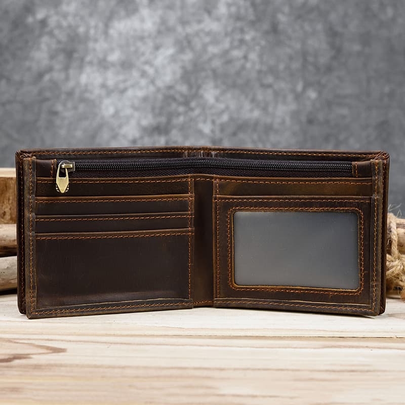 Hot-selling vintage crazy horse leather wallet, genuine leather short wallet with zipper coin pocket, top-layer cowhide, bi-fold wallet