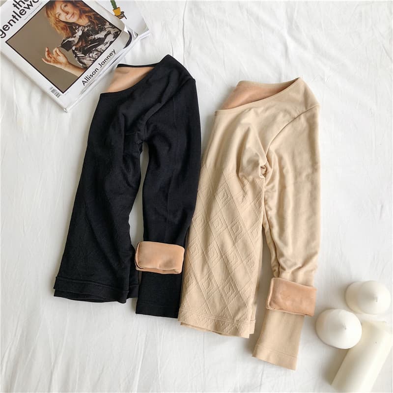 Autumn/Winter Korean Slim Fit Thermal Long Sleeve Base Layer Top with Fleece Lining, Women's Round Neck Warm Underwear