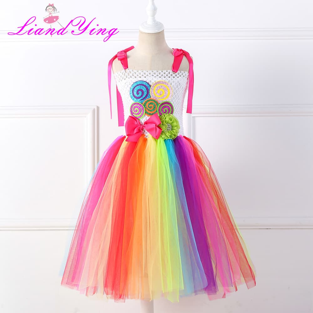 Children's Lollipop Dress Mesh Tutu Skirt Candy Rainbow New Year Performance Dance Dress Girls Party Gown