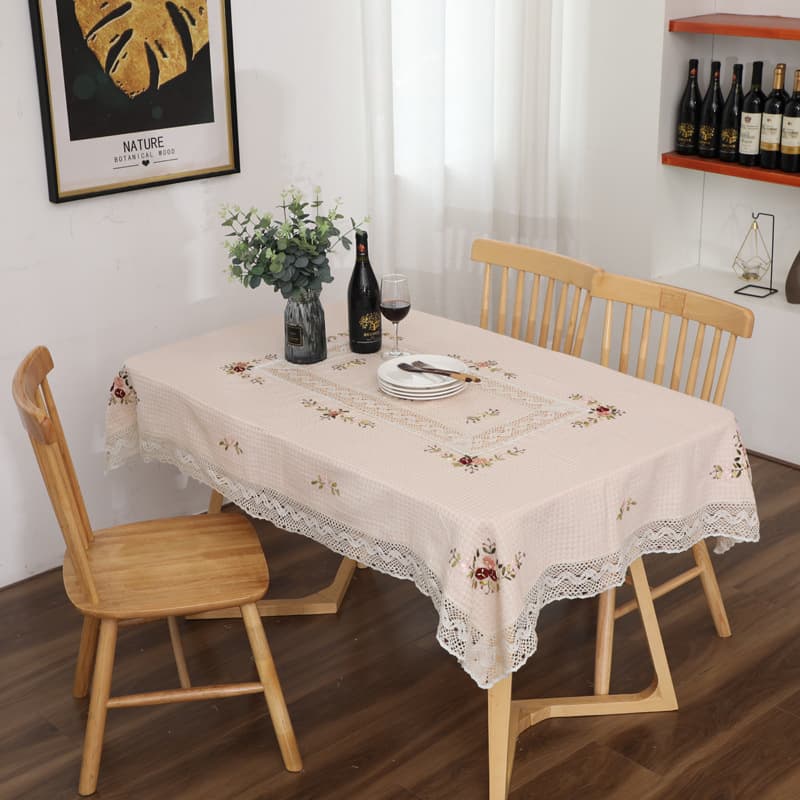 Double Rhyme Waffle Grid Ribbon Embroidery Tablecloth Tea Table Cloth Floral Dust Cover Rectangular Table Cover Waterproof Oil-Proof