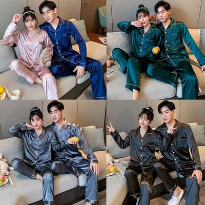 Couple Solid Color Imitation Silk Pajamas Spring Autumn Silk Sleepwear Button Ice Silk Homewear Trendy Set Women