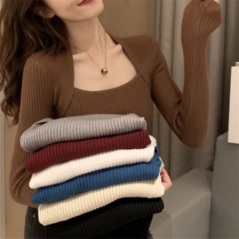 Women's Long Sleeve Knitted Base Shirt Fashionable Inner Wear Square Collar Tight Fit Top Design Sensation Lockbone Sweater