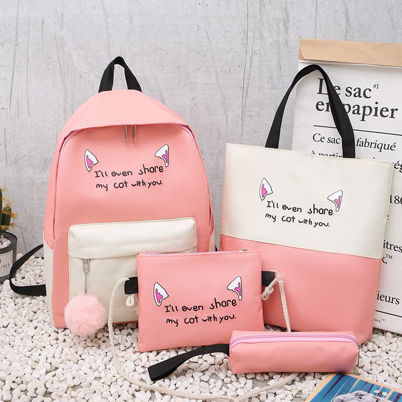 Cross-border girl backpack four-piece set 2026 new literary and artistic fresh nylon student school bag large capacity backpack