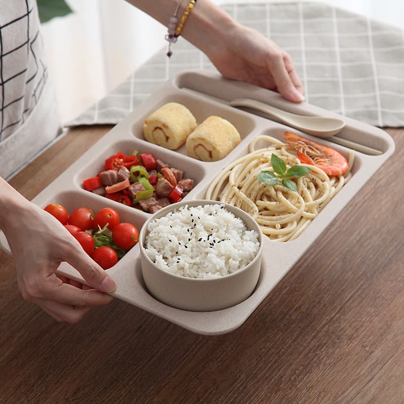 Wheat Straw Student Lunch Tray Large Capacity Rectangular Cafeteria Adult Plate Drop-resistant Fast Food Tray Divided Plate Set