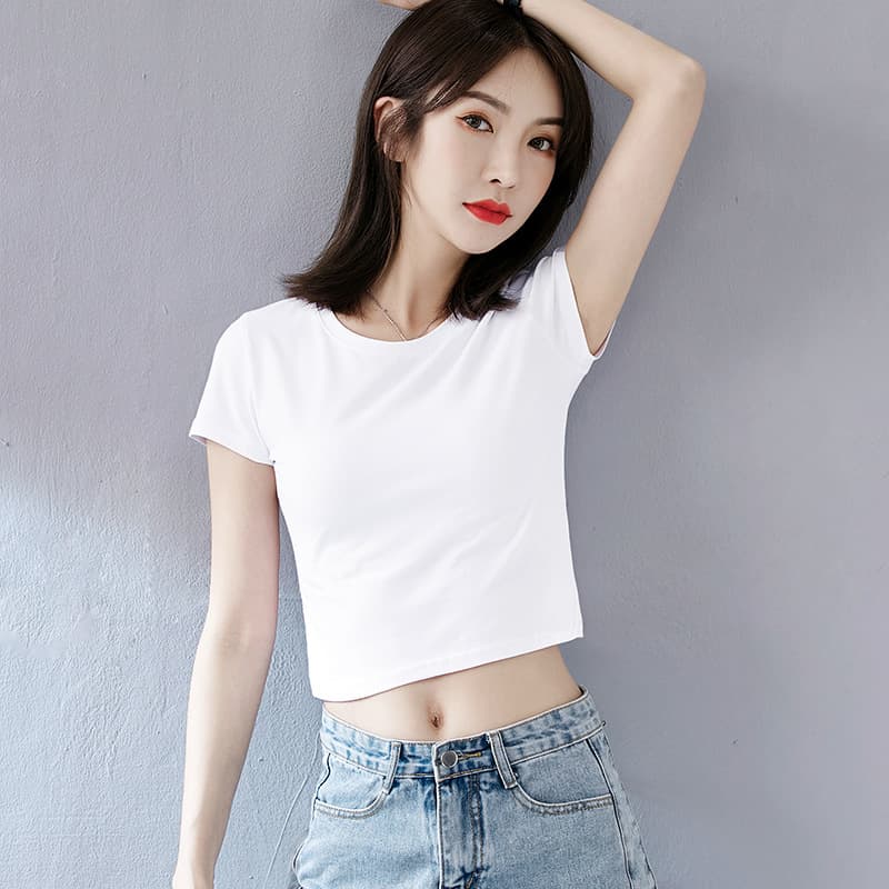 Cotton Summer Pullover Crop Top White Short-Sleeved T-Shirt Slim-Fit Crop High Waist Base Shirt Women's Top