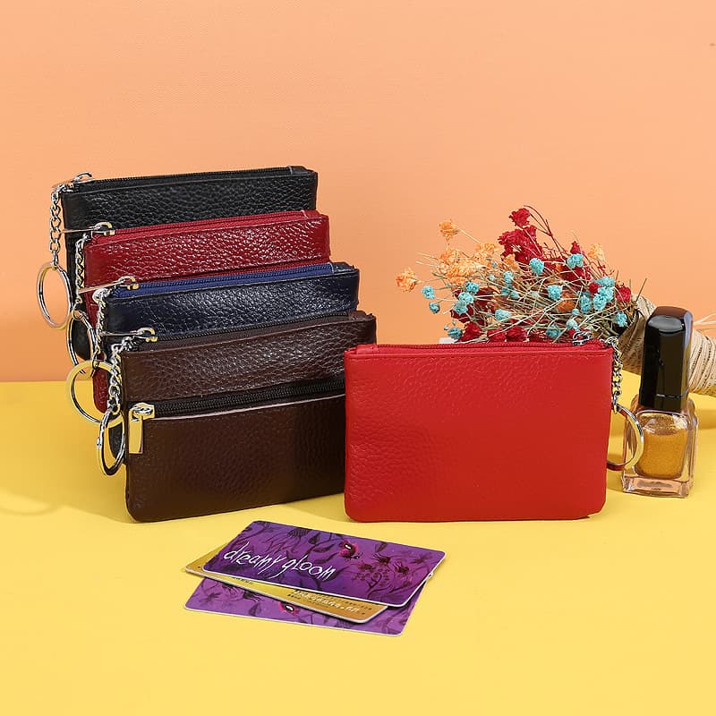 Factory Direct Small Gift Top Layer Cowhide Thin Wallet Genuine Leather Coin Key Ring Zipper Change Purse for Women