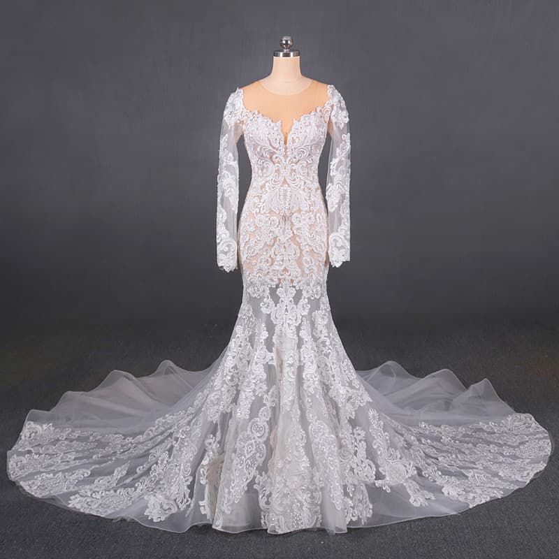 High-End Custom Wedding Dress Lace Fitted Mermaid Style Long Sleeve Deep V-Neck Slimming Sexy Long Train Wedding Dress