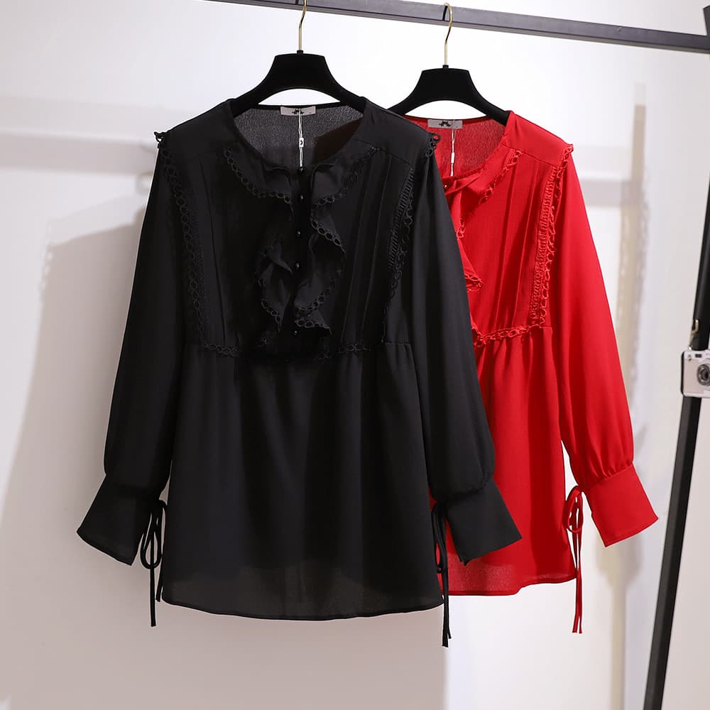 61593 Clearance Sale: Plus Size Women's Autumn New Loose-fitting, Versatile, Slimming Chiffon Blouse/Top
