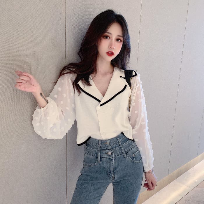 Fashionable big lapel spliced puff sleeves long-sleeved cardigan short knitted sweater tops for women spring and autumn new loose coat