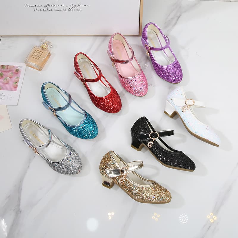 Cross-border Amazon Girls' High Heels Children's Leather Shoes Korean Princess Pumps Glitter Student Dance Shoes Spring/Autumn Shoes