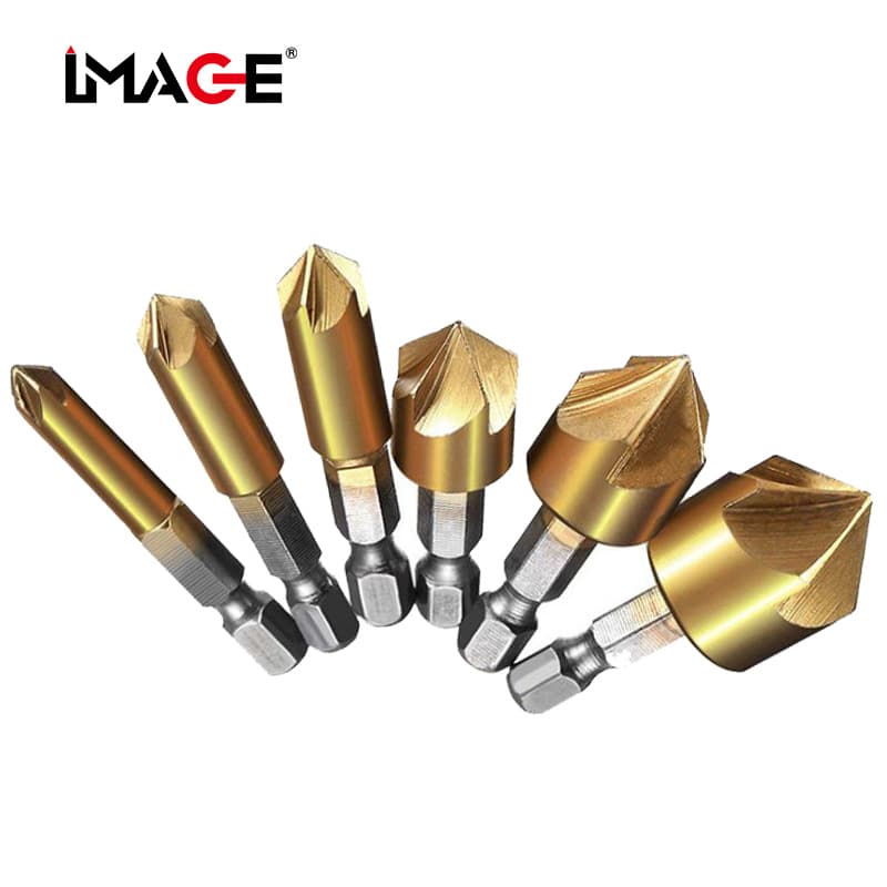 Cross-border Hex Shank Titanium-Coated 5-Flute Chamfer Tool 6-19mm Woodworking Chamfer Bit Set 6pcs Wood Hole Cutter