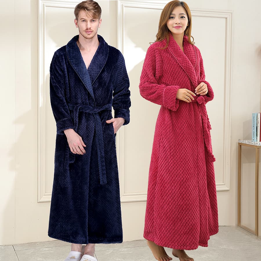 Couple's Autumn and Winter Warm Flannel Robe for Women, Long Jacquard Zip-Up Nightgown, Bathrobe, Plus-Size Sleepwear with Turn-Down Collar and Long Sleeves