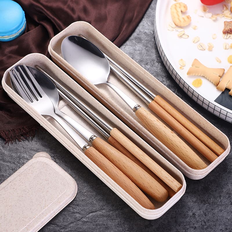 Wooden handle tableware three-piece set gift suit spoon series tableware 304 stainless steel tableware