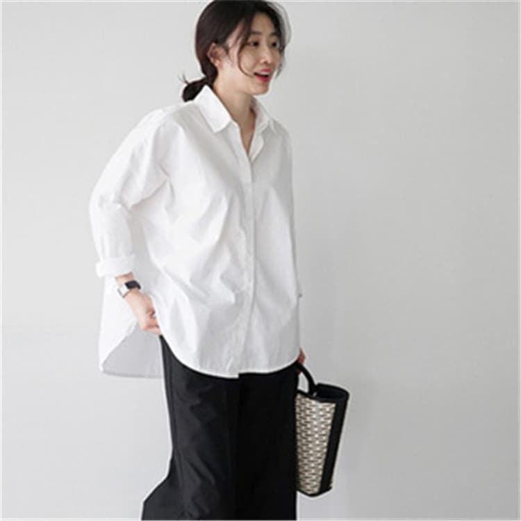 C020 - White Blouse for Women, Basic Long-Sleeve Undershirt, 2024 Spring New Casual Plus Size, Front Short Back Long