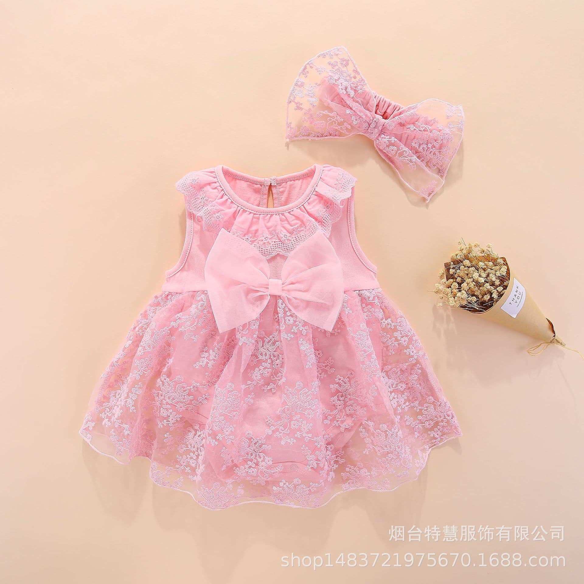 Baby Sleeveless Romper Dress Summer Simple Elegant Girl Gown for Full Moon and First Birthday Party, Includes Headband