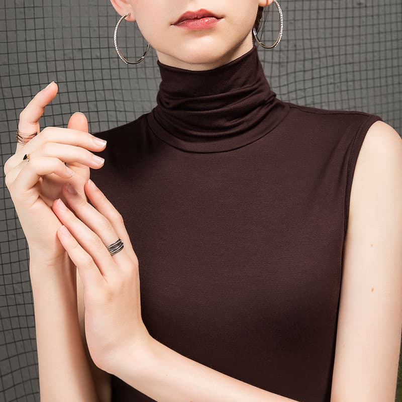 Women's Autumn High Neck Base Layer Top, Slim Fit Sleeveless Basic Turtleneck Modal Summer T-Shirt