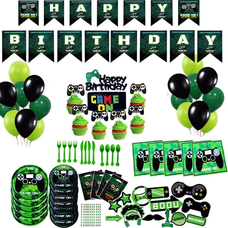 GAME ON Controller Game Theme Birthday Party Background Decoration Set with Bunting, Paper Cups, Paper Plates, Napkins, Tablecloth