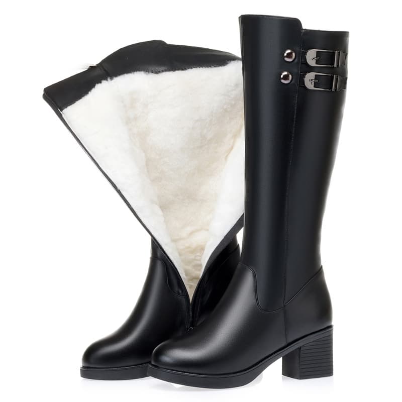 Winter Soft Leather Wool Women's Boots Chunky Heel High Tube Riding Boots Lined Cotton Leather Boots Full Cowhide Long Boots