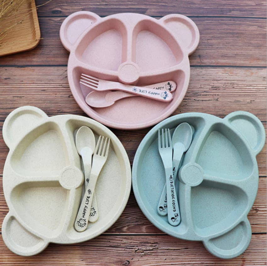 Wheat divided bear children's dinner plate set creative household tableware baby divided plate breakfast plate with fork and spoon
