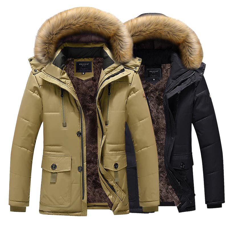 Thick Plus Size Cotton Coat for Middle-Aged and Senior Men, Casual Winter Warm Jacket with Detachable Hood and Fur Collar