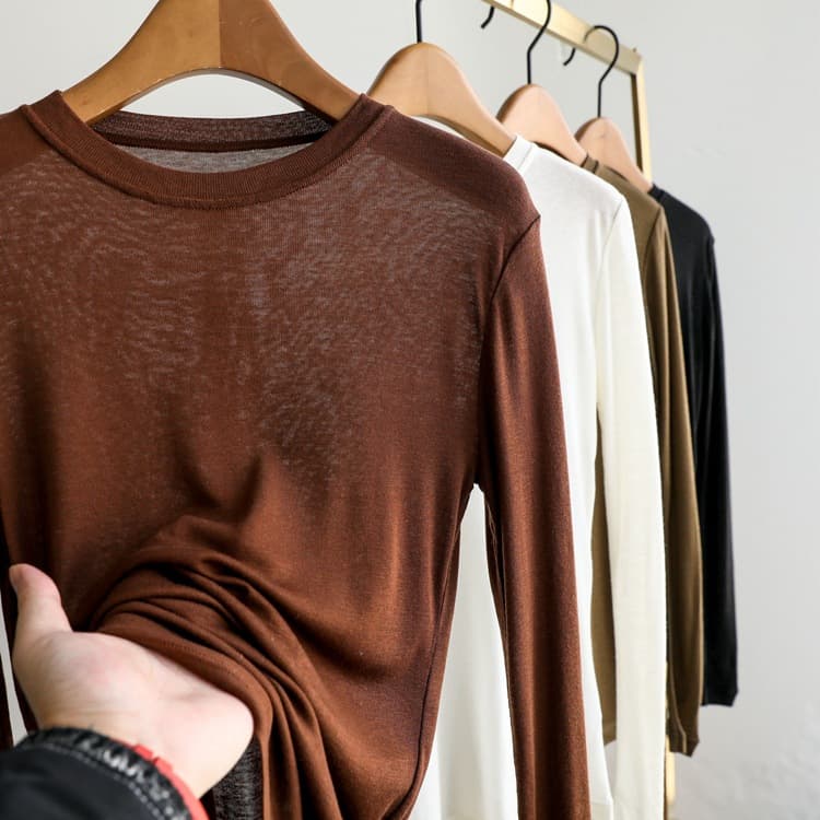 Wool + Tencel! ! Running model~Round neck solid color basic long-sleeved bottoming shirt T-shirt