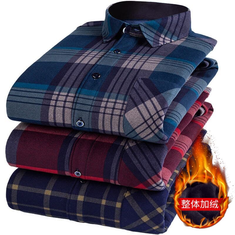Autumn/Winter Fleece-Lined Warm Shirt New Men's Long-Sleeve Fleece-Lined Shirt Plaid Non-Iron Middle-Aged & Elderly Casual Dad Outfit