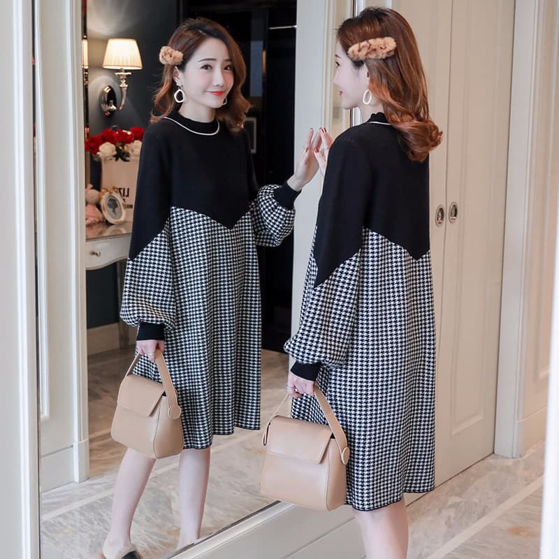 Maternity Midi Dress Fashionable Outdoor Wear Belly Concealing Loose Early Autumn Maternity Clothes Cotton Blend Long Sleeve Printed Round Neck Dress