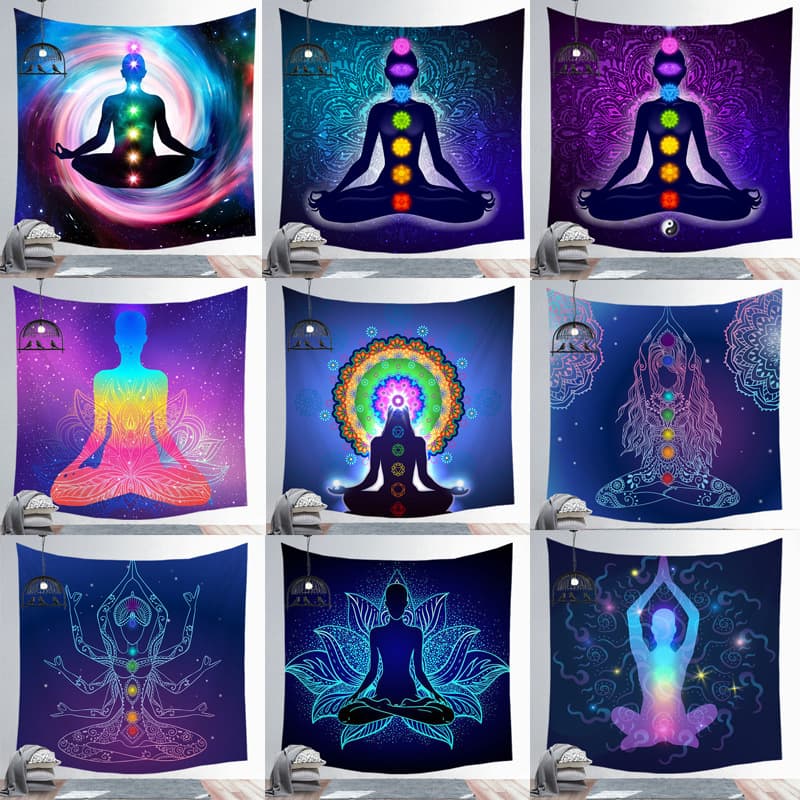 Indian Buddha Statue, 7 Carat Meditation Mat, Mandala Wall Tapestry, Spiritual Silk Screen Wall Hanging, Yoga Mat