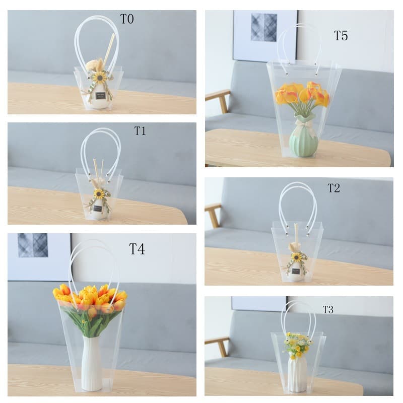 Wholesale handbag ladder bouquet packaging bag gift bag transparent Christmas PP fresh and dried bouquet green plant handbag