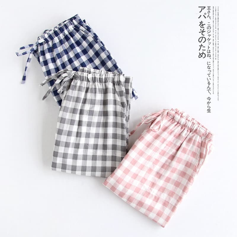 Couple Plaid Pajama Pants Lightweight Cotton Double-Layer Gauze Muji-Style Casual Comfortable Sleep Pants