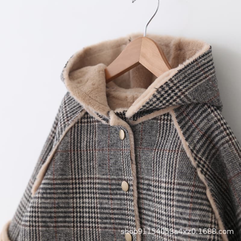2025 New Girls' Wool Coat for Autumn/Winter, Baby Girls' Hooded Plaid Coat with Fleece Lining and Thickened, Children's Mid-length Wool