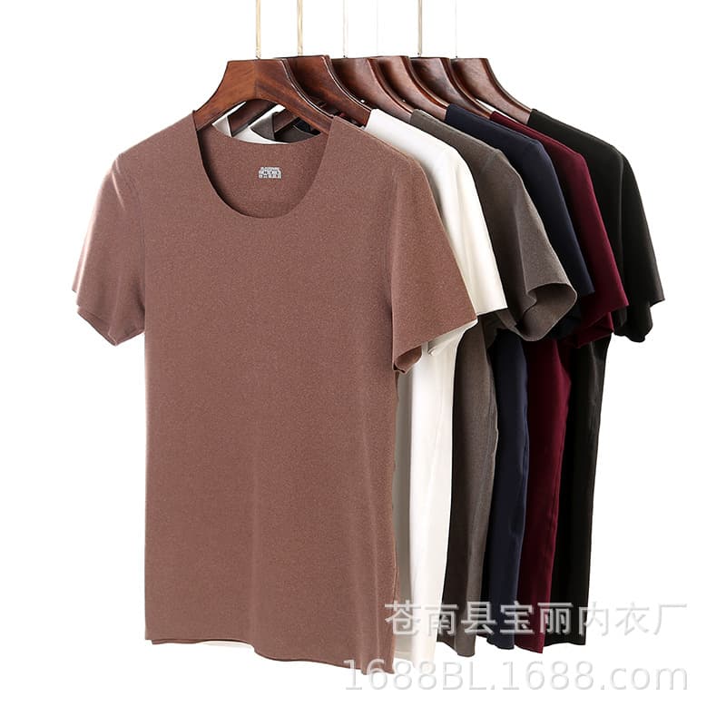 Seamless Fleece-Lined Short Sleeve T-Shirt Men Thickened Slim Fit Plus Size Brushed Thermal Underwear Top Base Layer Autumn/Winter