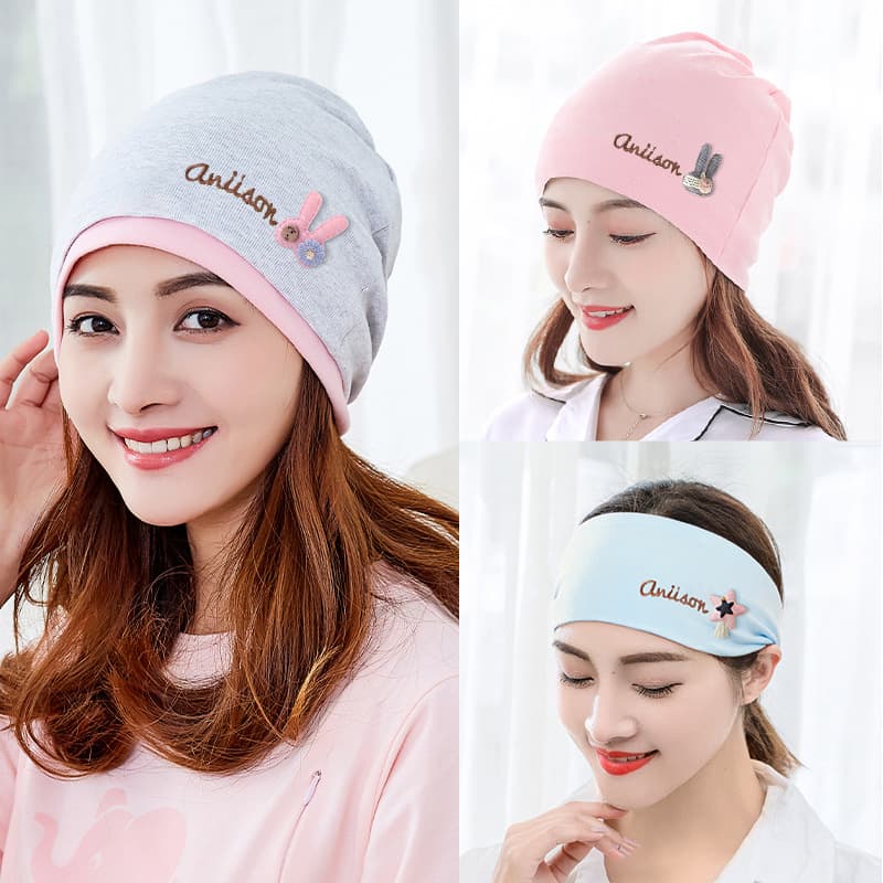 Embroidered Postnatal Hat Double-Layer Bunchy Beanie Face Wash and Makeup Headband Maternity Headscarf