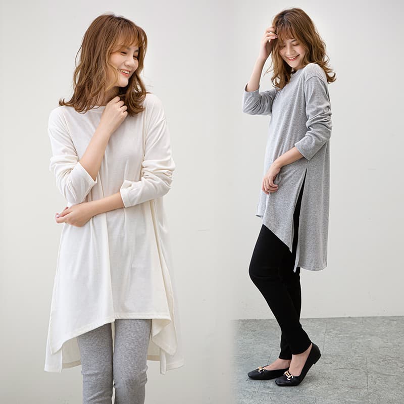 Loose Plus Size Solid Color Long Sleeve Round Neck T-Shirt Women's Mid-Length Asymmetrical Slit Casual Style Polyester Fiber