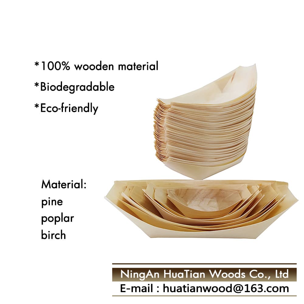Disposable wooden boat-shaped Japanese sashimi and sushi packaging box, dessert plate, water bottle, and mochi boat are available for low-price sale from the manufacturer.