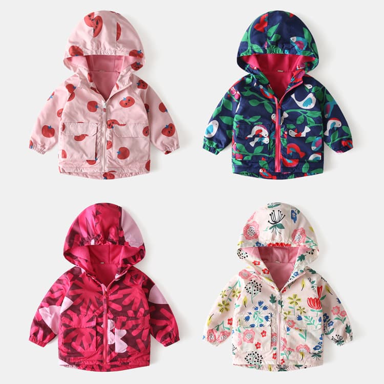 2020 New Autumn Winter Girls' Cartoon Print Fleece-Lined Windbreaker Children's Windbreaker Mid-Long Windproof Coat Single Piece