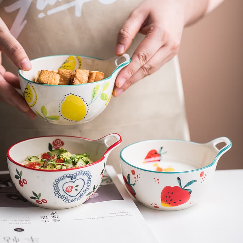 Huafu Hand-painted Single Handle Bowl Internet-famous Bowl Fruit Salad Bowl Cute Girl's Dessert Bowl Baking Bowl Household Handle Bowl