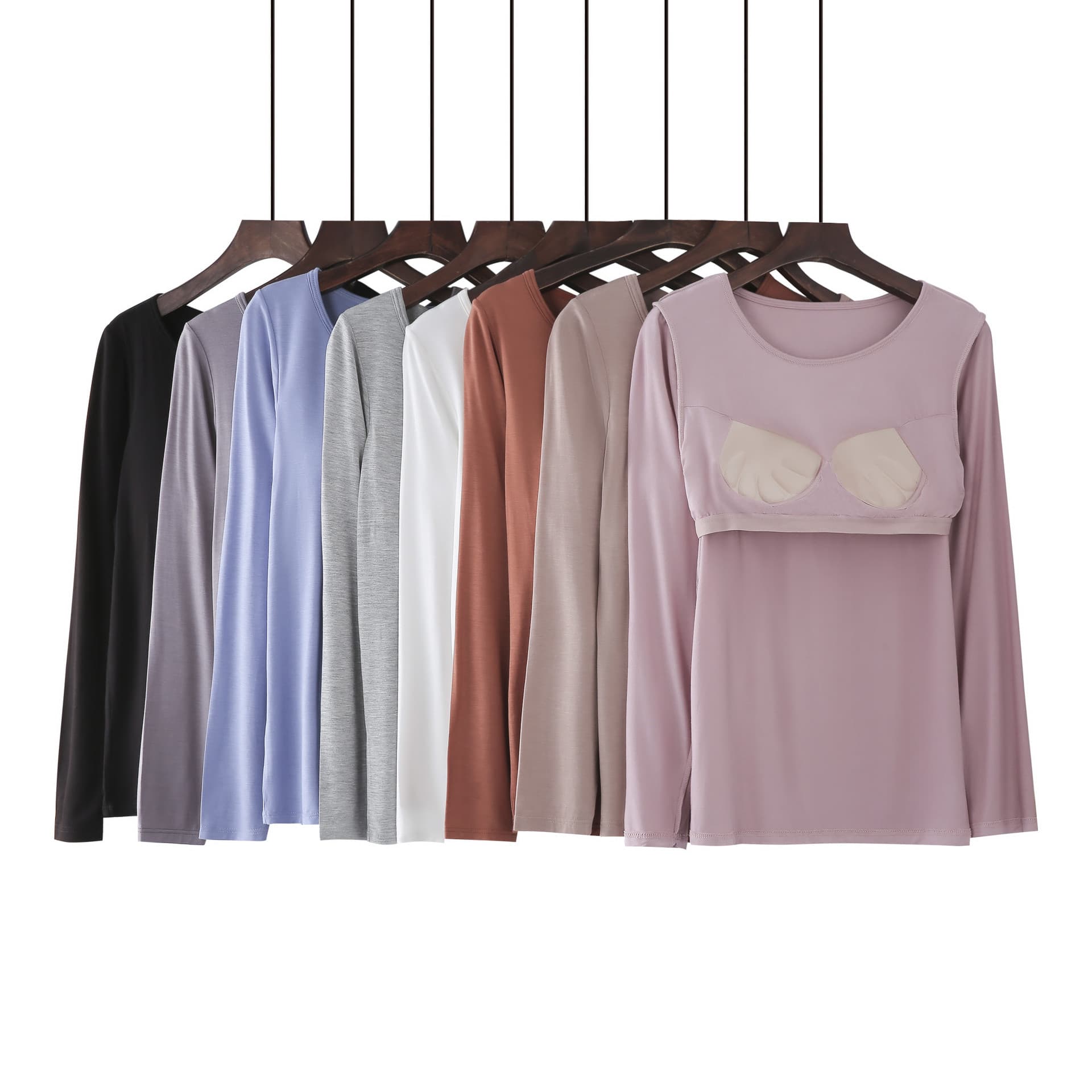 Modal long-sleeved T-shirt with built-in bra pads, women's braless, plus-size underwear, thermal underwear, can be worn as outerwear