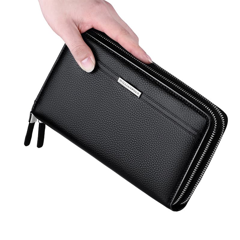 Paul King Genuine Leather Wallet Men's Double Zipper Business Long Handheld Bag Top Layer Cowhide Handbag Dual Layer Wallet