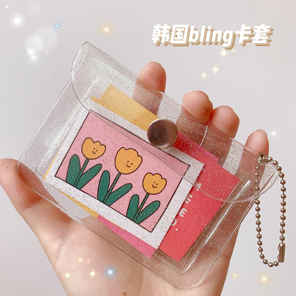 Korean-inspired glitter card holders and ID cases, portable for bus cards, bank cards, and coin purses in a minimalist style.