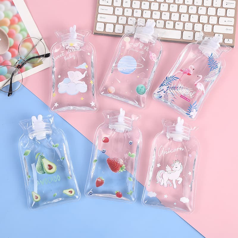 New transparent cartoon hot water bottle for students, portable, water-filled, explosion-proof, logo-advertising, wholesale.