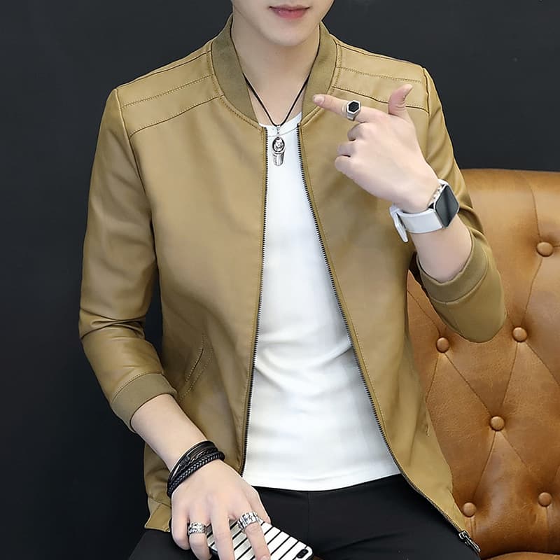 Cross-Border Solid Color Stand Collar Men's Leather Jacket Spring Autumn Casual Plus Size Youth PU Leather Jacket Fashionable Me