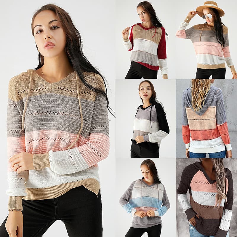 Cross-Border Autumn Knitted Hoodie for Women, European and American Style Long Sleeve Loose Colorful Striped Pullover