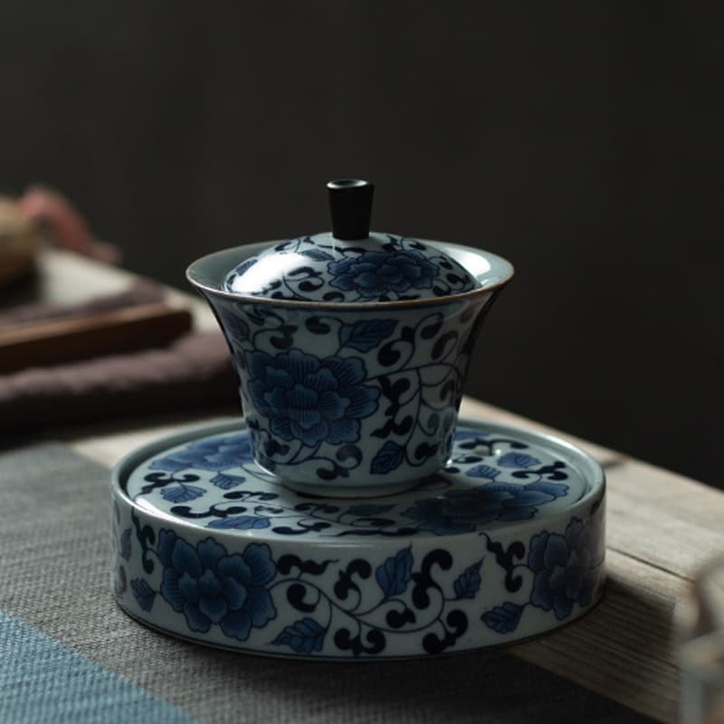 Retro Blue and White Single Premium Gaiwan Chinese Ceramic Kung Fu Tea Set Large Tea Bowl