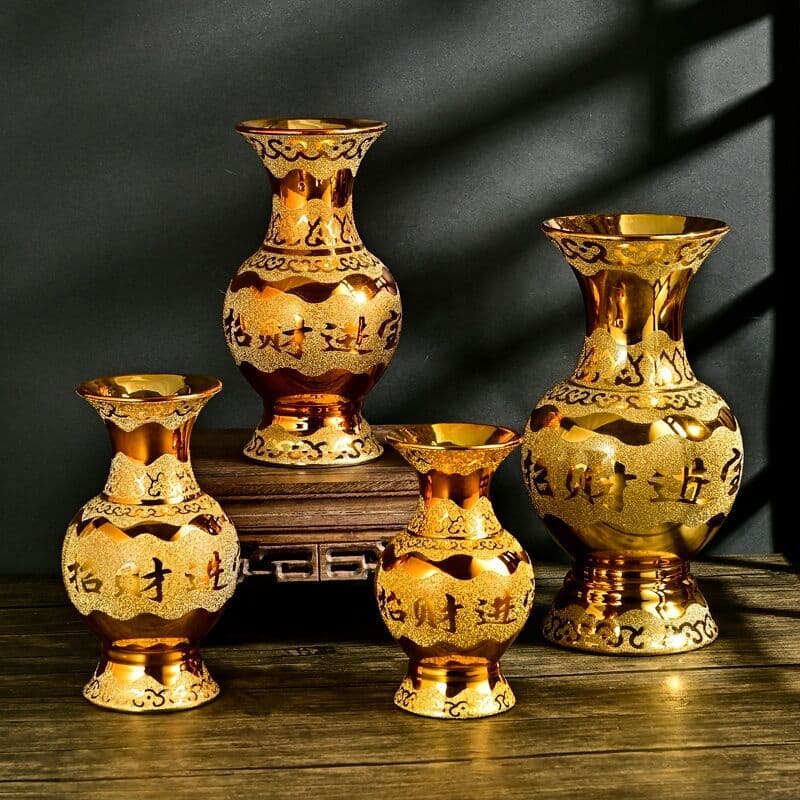 Ceramic Gold Sand Vase for Buddha Statue, Flower Arrangement, Dry Flowers, Buddhist Altar Decor, Gold