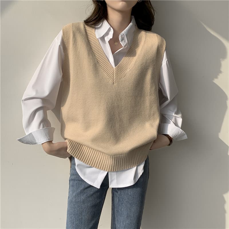 Spring and Summer Thin Loose Fit Casual V-Neck Vest Sleeveless Knit Cardigan Student Sweater for Women