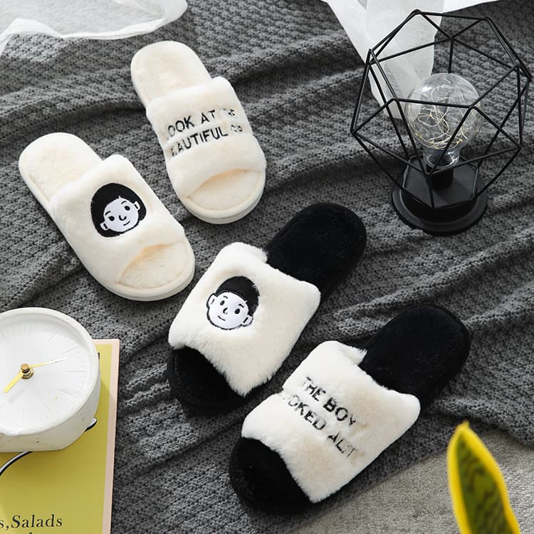 Cartoon Head Couple Slippers Faux Rabbit Fur Flat Plush House Shoes Korean Style One-word Slip-ons For Postpartum Period