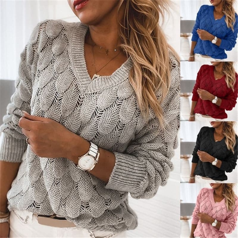 European and American Winter New Sweater Knitted Feather Hollow V-Neck Long Sleeve Sweater for Women Factory Direct Casual Versatile